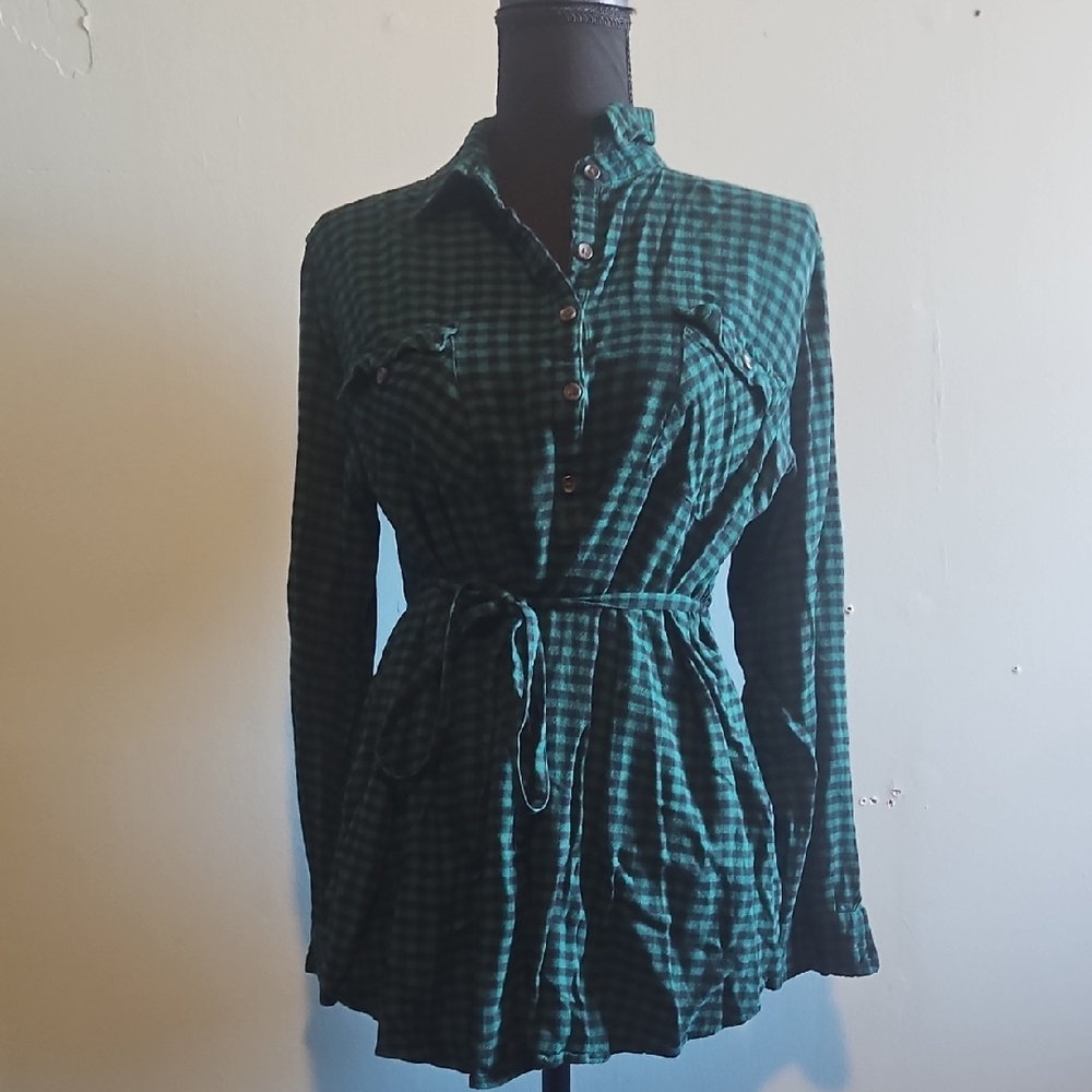 Green Plaid Button-Up Shirt Dress